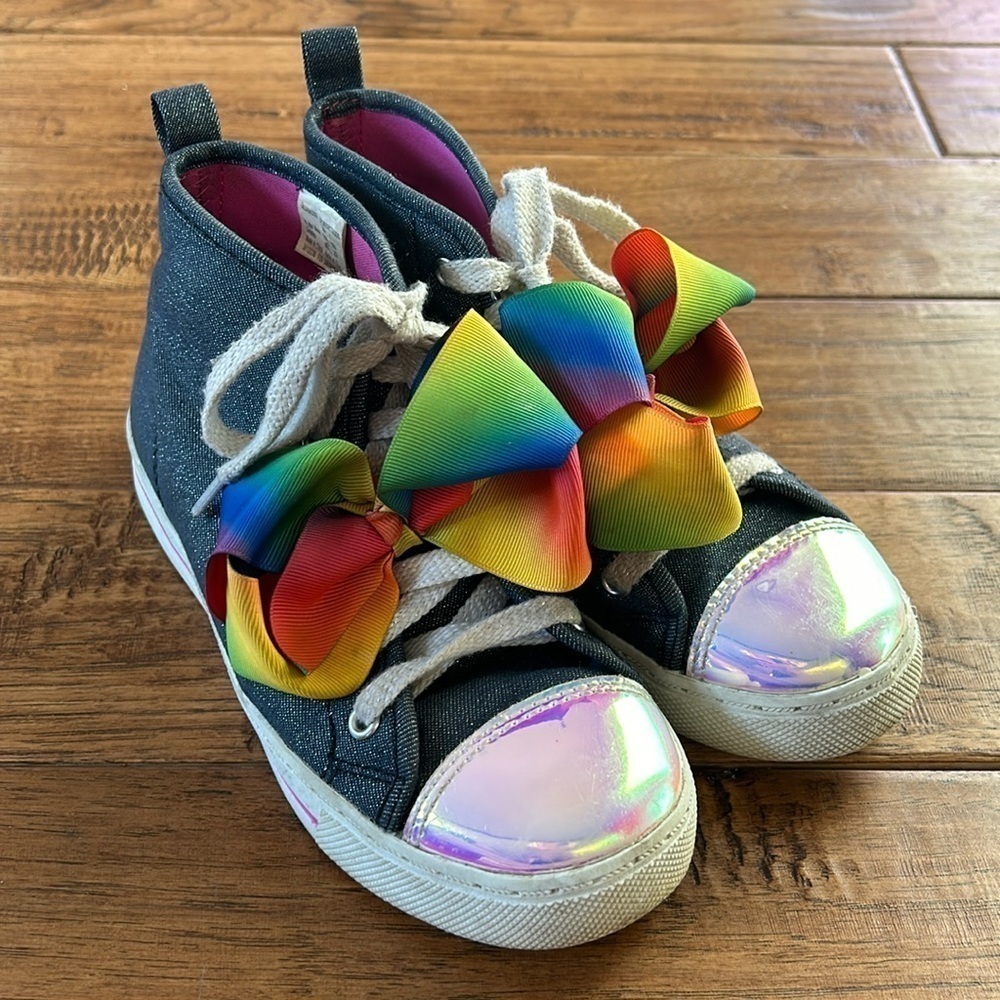 JoJo Siwa Sparkle Denim High Top Sneakers Rainbow Bow Little Girl's Size 1